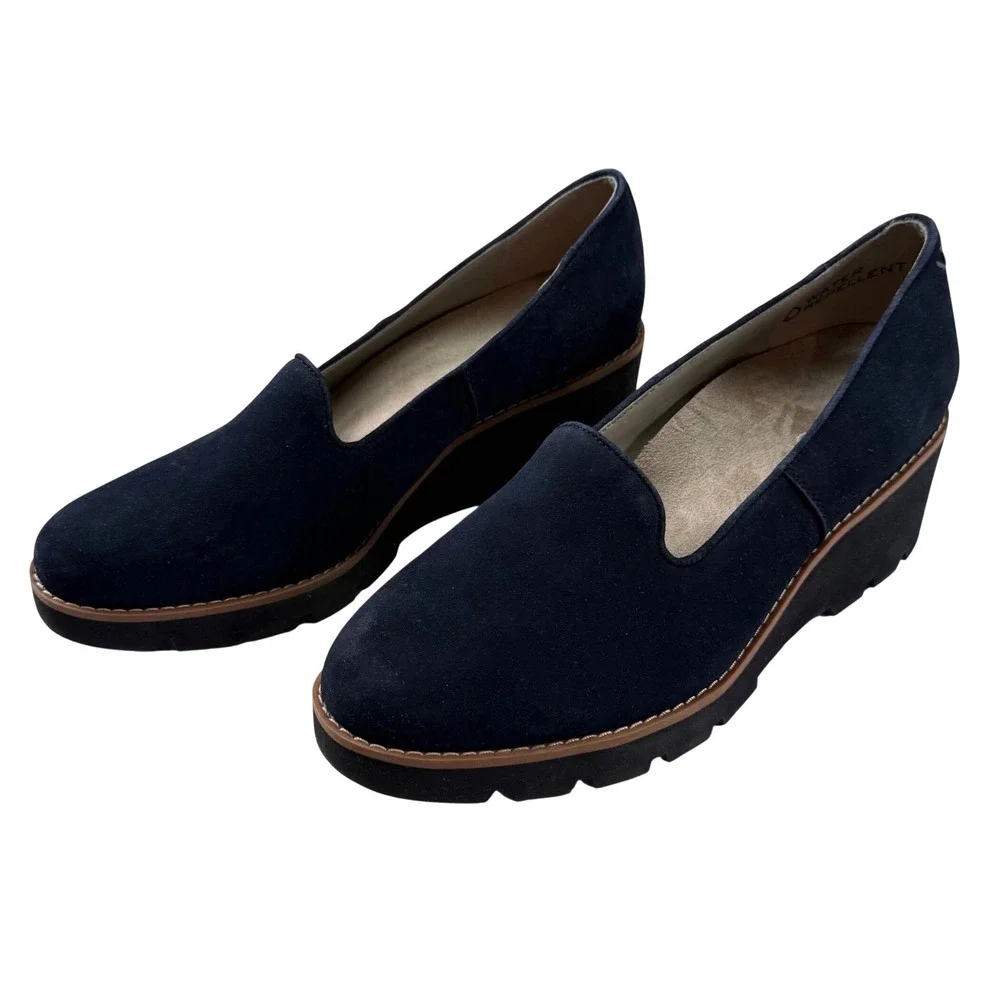 Comfort Wedge Loafers Navy Suede Slip On Lug Sole Casual Shoes Size 9